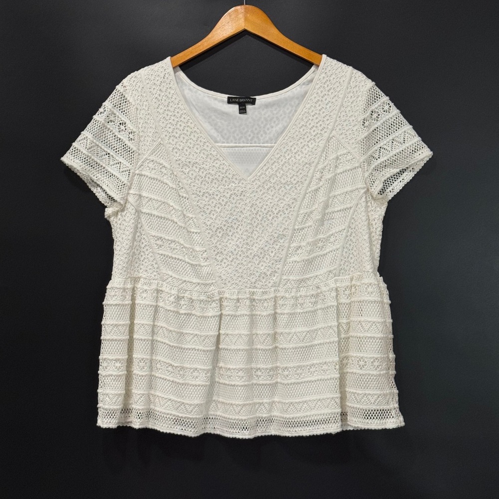 Lane Bryant Top Women 22/24 White Lace Peplum V-Neck Short Sleeve Crochet Blouse